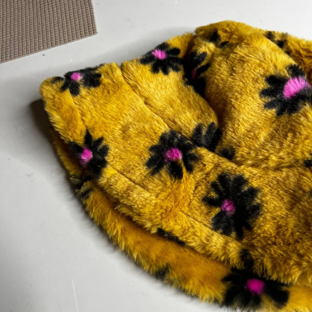 Yellow Faux Fur Daisy Bucket Hat Floral Black Pink Fuzzy Festival Streetwear - Picture 4 of 5